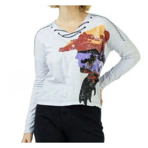 DOUBLE D RANCH sz Large On The Lam Graphic Lace-Up Top 100% cotton shirt v-neck